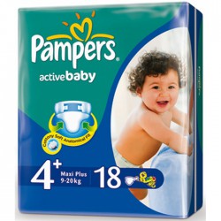 Подгузники, Pampers (Памперс) 9-20 кг р. 4+ №18 актив беби макси плюс